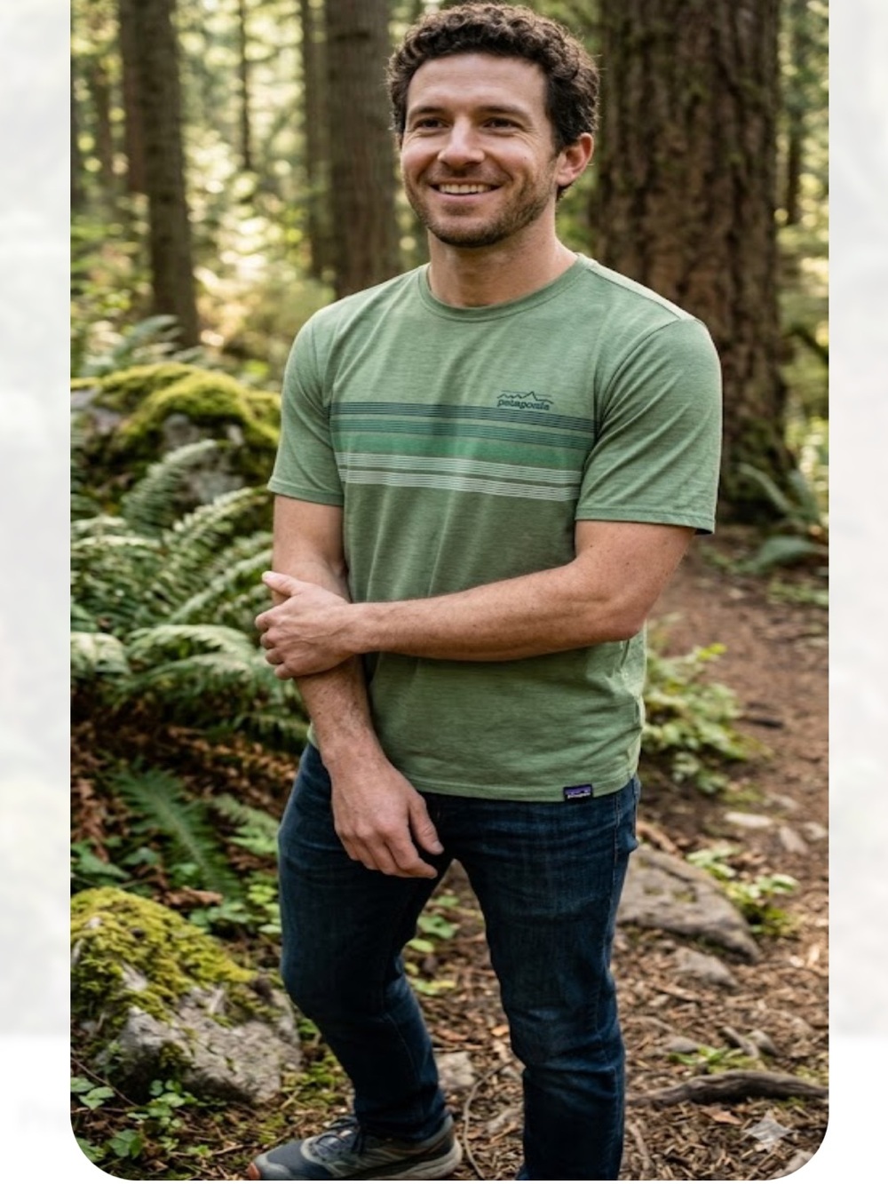 Patagonia Green Short-Sleeve Stripe Tee with Chest Logo